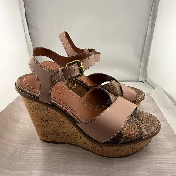 Coach Tan and Pink Wedges with Cork-Style Heel NWOT
