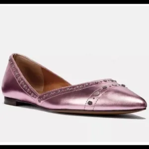Coach Valentina Pointed Toe Leather Flat Ballerina metallic pink shoes, Sz 6.5