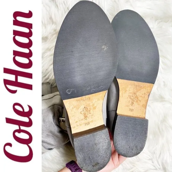 COLE HAAN Avalon Tall Leather 3-Buckle Stretch Panel Flat Boots Gray, Size 7.5