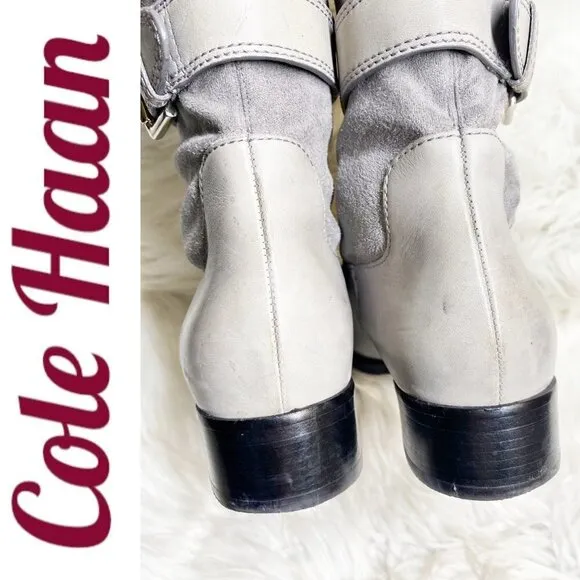 COLE HAAN Avalon Tall Leather 3-Buckle Stretch Panel Flat Boots Gray, Size 7.5
