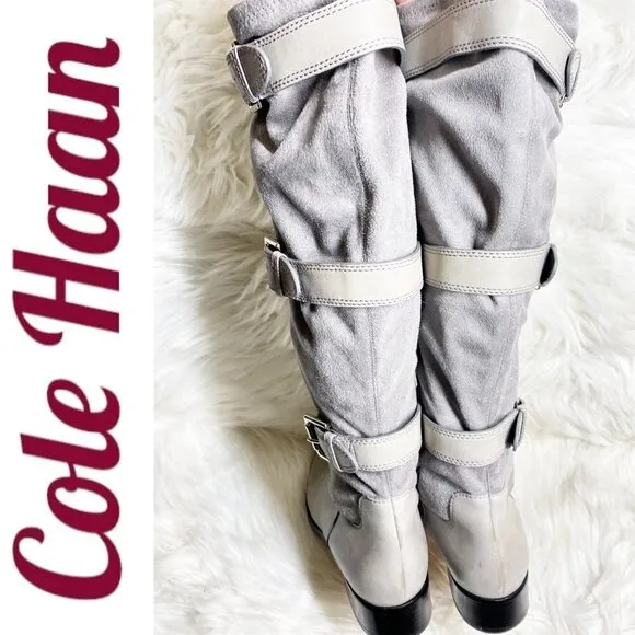 COLE HAAN Avalon Tall Leather 3-Buckle Stretch Panel Flat Boots Gray, Size 7.5