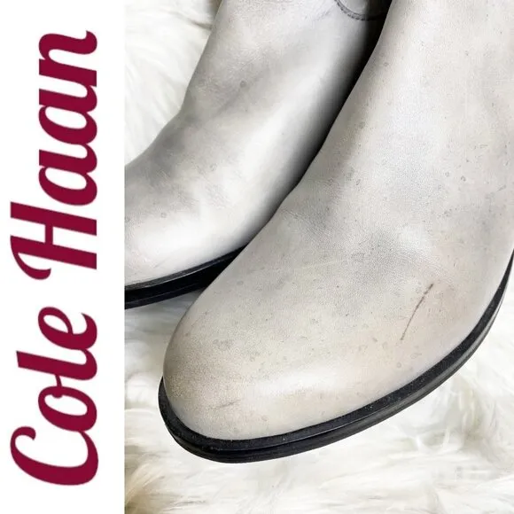 COLE HAAN Avalon Tall Leather 3-Buckle Stretch Panel Flat Boots Gray, Size 7.5