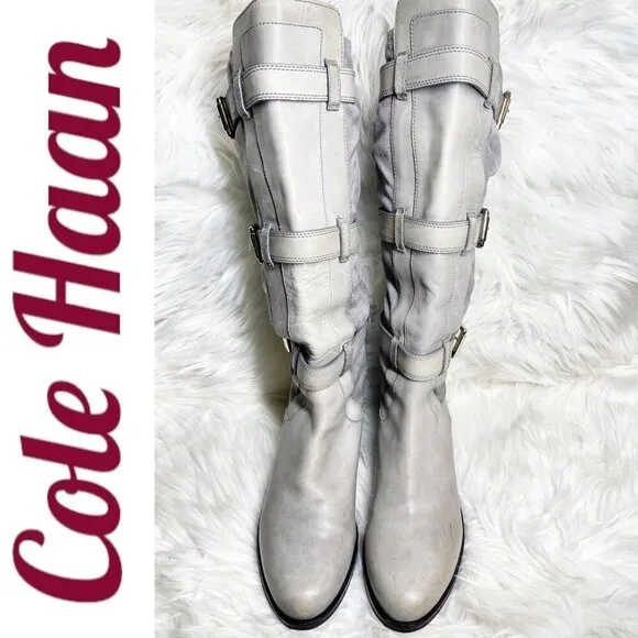 COLE HAAN Avalon Tall Leather 3-Buckle Stretch Panel Flat Boots Gray, Size 7.5