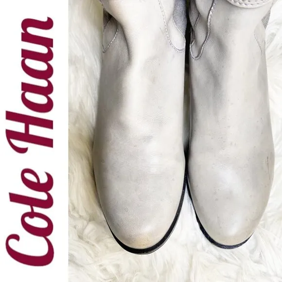 COLE HAAN Avalon Tall Leather 3-Buckle Stretch Panel Flat Boots Gray, Size 7.5