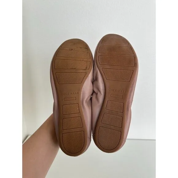 Cole Haan Ballet Flats Scrunch Bow Gold Detail Blush Pink Leather Round Women 8