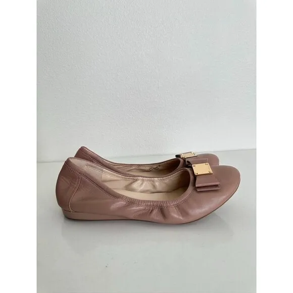 Cole Haan Ballet Flats Scrunch Bow Gold Detail Blush Pink Leather Round Women 8