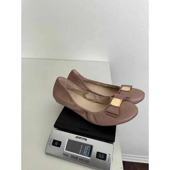 Cole Haan Ballet Flats Scrunch Bow Gold Detail Blush Pink Leather Round Women 8