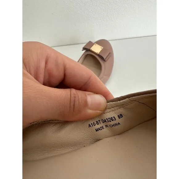 Cole Haan Ballet Flats Scrunch Bow Gold Detail Blush Pink Leather Round Women 8