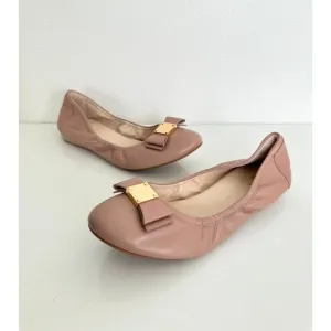 Cole Haan Ballet Flats Scrunch Bow Gold Detail Blush Pink Leather Round Women 8