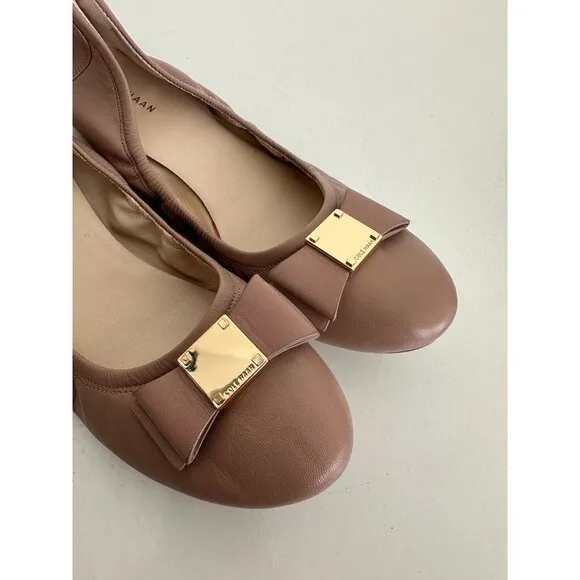 Cole Haan Ballet Flats Scrunch Bow Gold Detail Blush Pink Leather Round Women 8