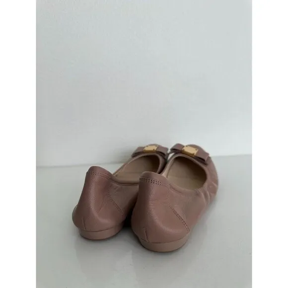 Cole Haan Ballet Flats Scrunch Bow Gold Detail Blush Pink Leather Round Women 8