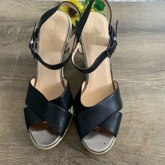 Cole Haan Black Hart Woven Espadrille Wedges