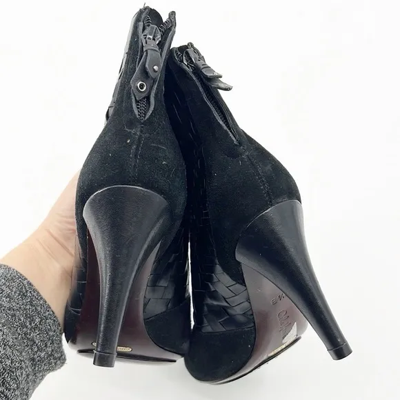 Cole Haan Black Suede Woven Ankle Boots Booties Basket Weave size 6.5 NWT