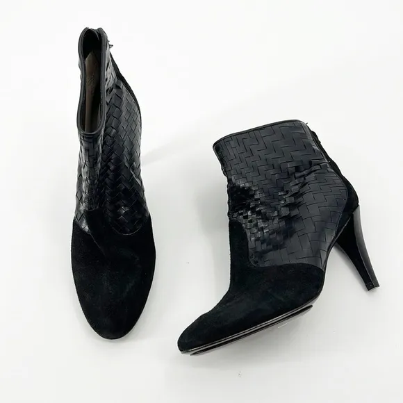Cole Haan Black Suede Woven Ankle Boots Booties Basket Weave size 6.5 NWT