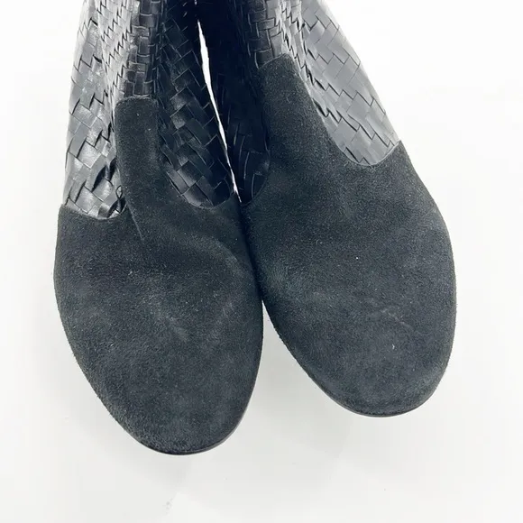 Cole Haan Black Suede Woven Ankle Boots Booties Basket Weave size 6.5 NWT