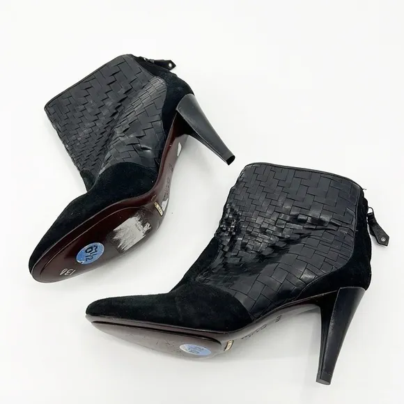 Cole Haan Black Suede Woven Ankle Boots Booties Basket Weave size 6.5 NWT