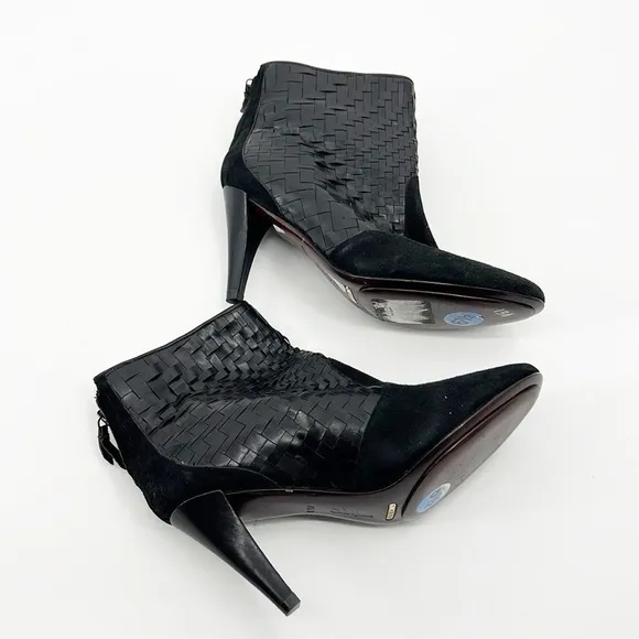 Cole Haan Black Suede Woven Ankle Boots Booties Basket Weave size 6.5 NWT