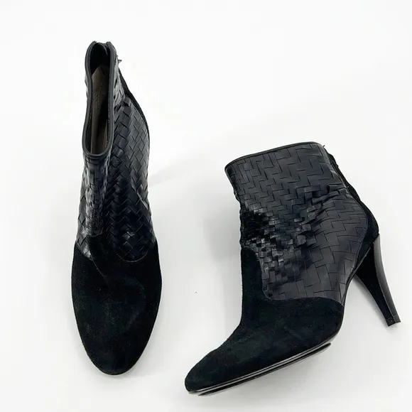 Cole Haan Black Suede Woven Ankle Boots Booties Basket Weave size 6.5 NWT