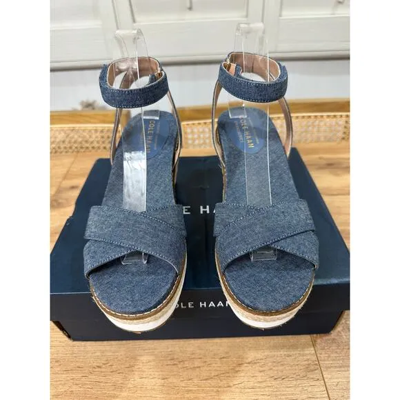 Cole Haan Cloud Espadrille Wedge Dark Chambray Natural Jute Size 8.5 NIB Spring