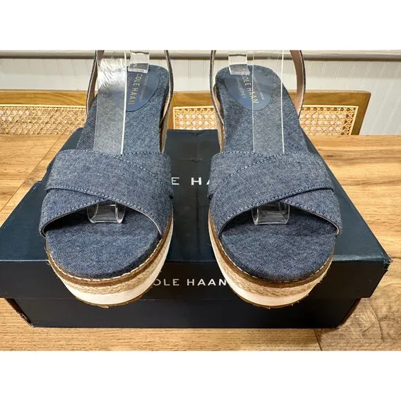 Cole Haan Cloud Espadrille Wedge Dark Chambray Natural Jute Size 8.5 NIB Spring