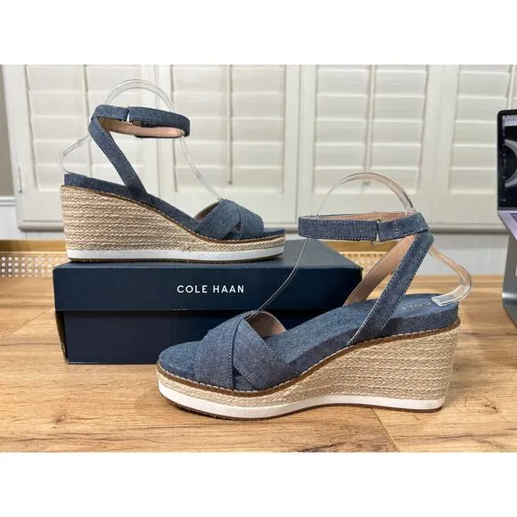 Cole Haan Cloud Espadrille Wedge Dark Chambray Natural Jute Size 8.5 NIB Spring