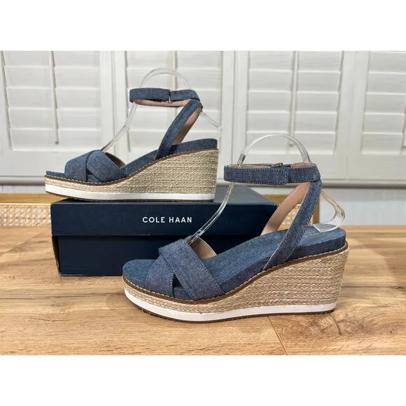 Cole Haan Cloud Espadrille Wedge Dark Chambray Natural Jute Size 8.5 NIB Spring