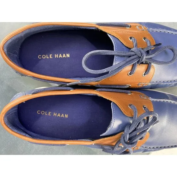 Cole Haan Cornell 2 Eye $120 Men's Boat Shoes Size 12 Leather Blue Tan C32579