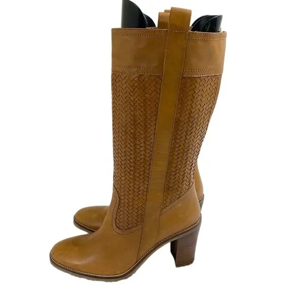 Cole Haan Tan Leather Heeled Boots w Woven Detail Pull On Made in Brazil Sz 9.5