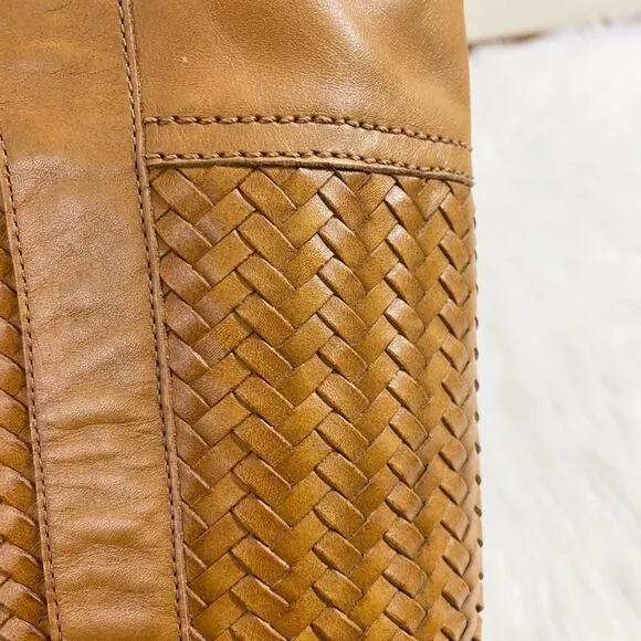 Cole Haan Tan Leather Heeled Boots w Woven Detail Pull On Made in Brazil Sz 9.5