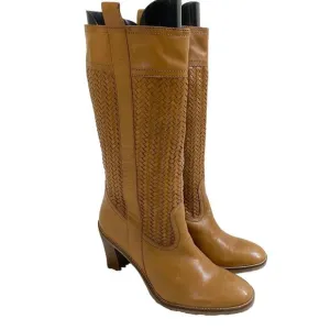 Cole Haan Tan Leather Heeled Boots w Woven Detail Pull On Made in Brazil Sz 9.5