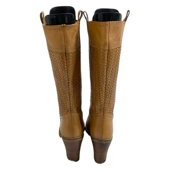 Cole Haan Tan Leather Heeled Boots w Woven Detail Pull On Made in Brazil Sz 9.5