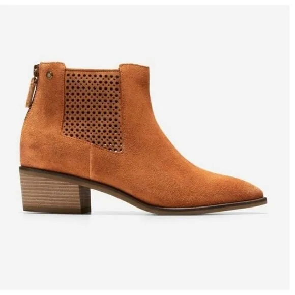 Cole Haan Val Genuine Suede Leather Heeled Ankle Boots Booties 6.5 British Tan