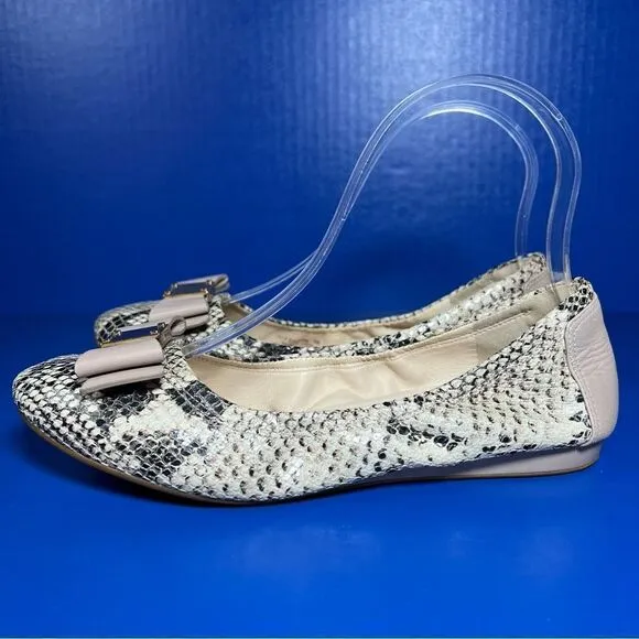 Cole Haan Womens Tali Bow Leather Ballet Flats in Natural Roccia Snake Print 6B