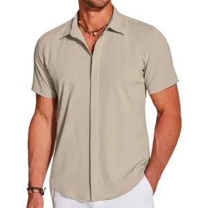 Coofandy Mens Gray Short Sleeve Casual Button Down Shirts Summer Dress Shirts