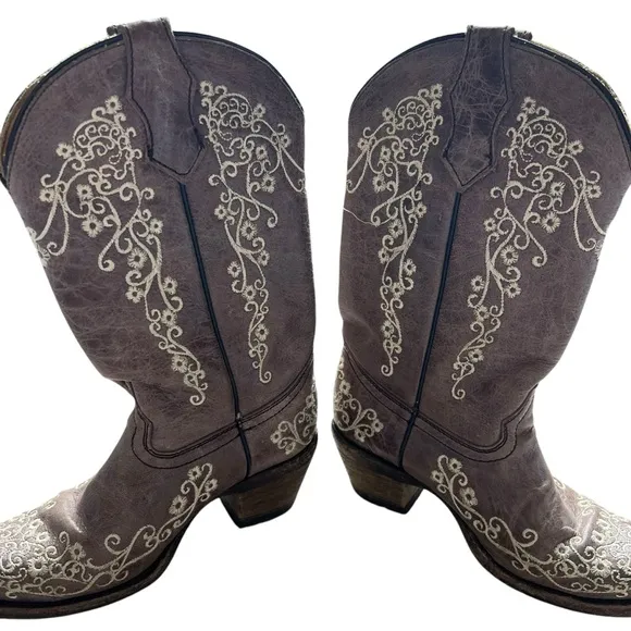 Corral Brown and Cream Heeled Boots with Intricate Designs
