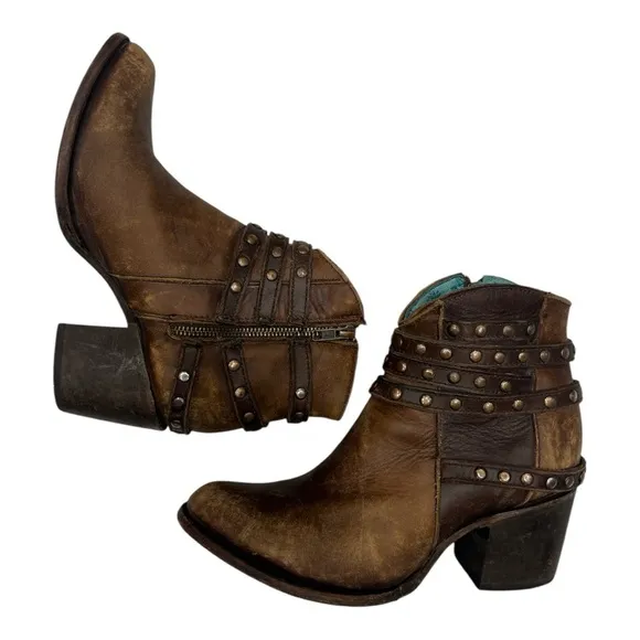 CORRAL C 2993 Handcrafted Boots Brown HARNESS &amp; STUDS ANKLE Western BOOT 7.5