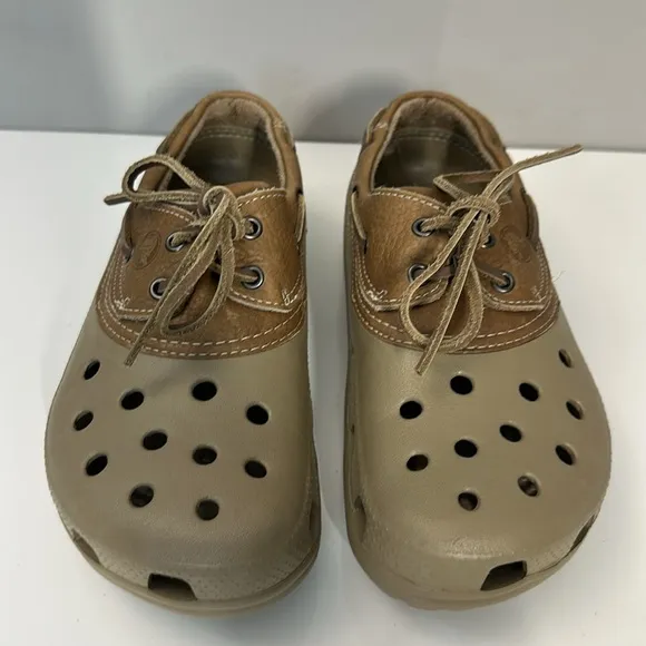 Crocs Islander Pit Crew Brown Leather Boat Shoes Size Mens 8