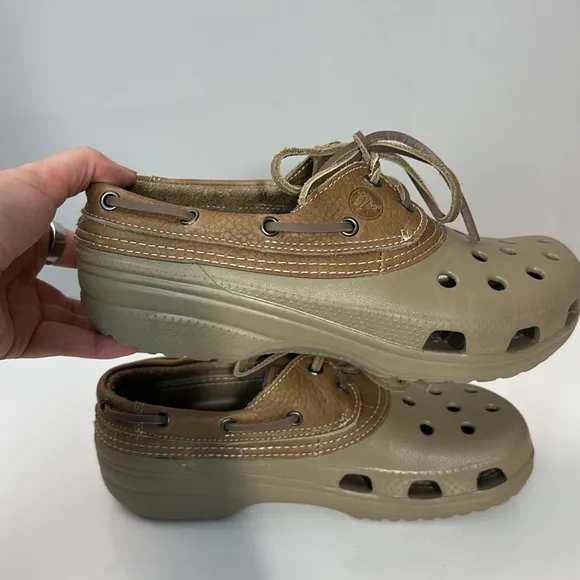 Crocs Islander Pit Crew Brown Leather Boat Shoes Size Mens 8