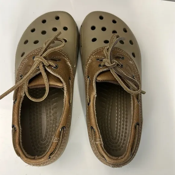 Crocs Islander Pit Crew Brown Leather Boat Shoes Size Mens 8