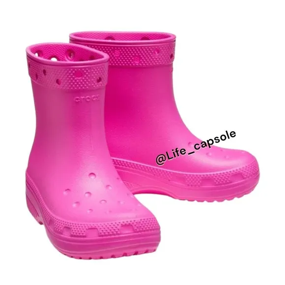 Crocs Size 9c Girls Pink Rain Boots Rubber Round Toe Pull On Mid Calf Comfort