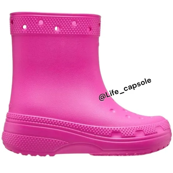 Crocs Size 9c Girls Pink Rain Boots Rubber Round Toe Pull On Mid Calf Comfort