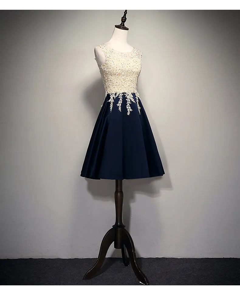 Cute Navy Blue Short Prom Dress , Homecoming Dress with Lace Applique