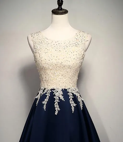 Cute Navy Blue Short Prom Dress , Homecoming Dress with Lace Applique
