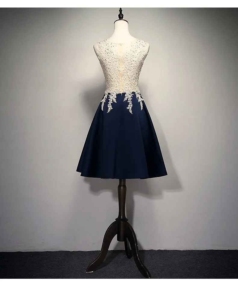 Cute Navy Blue Short Prom Dress , Homecoming Dress with Lace Applique
