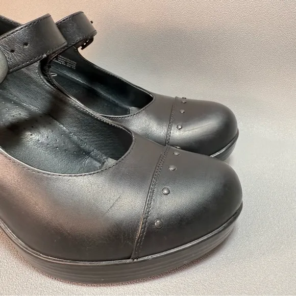 Dansko Fanny Black Studded Mary Jane Leather Wedge Pumps