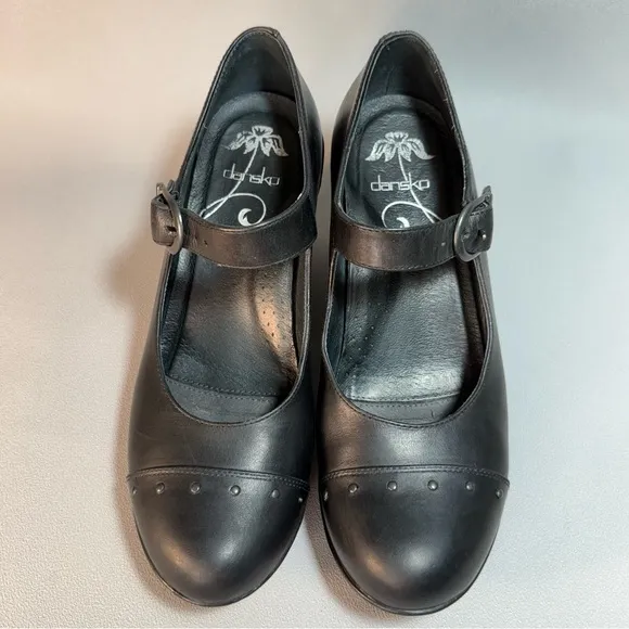 Dansko Fanny Black Studded Mary Jane Leather Wedge Pumps