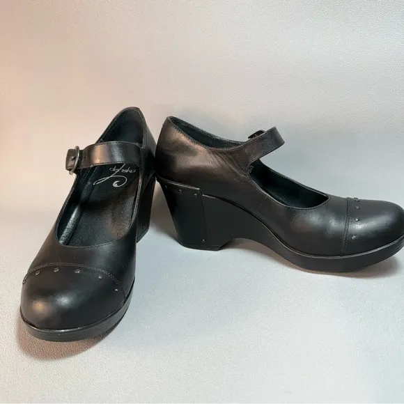 Dansko Fanny Black Studded Mary Jane Leather Wedge Pumps
