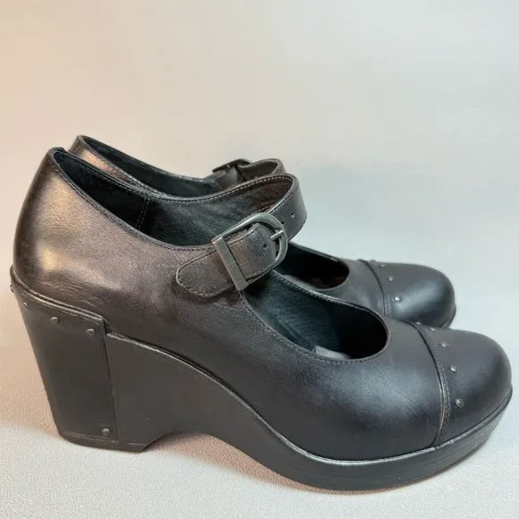 Dansko Fanny Black Studded Mary Jane Leather Wedge Pumps