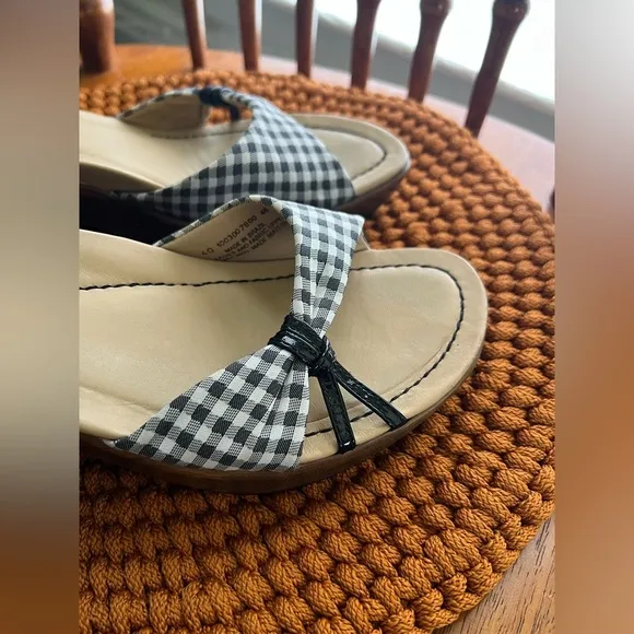 DANSKO Open Toe Slingback Black White Gingham Check Patent Strappy Wedge