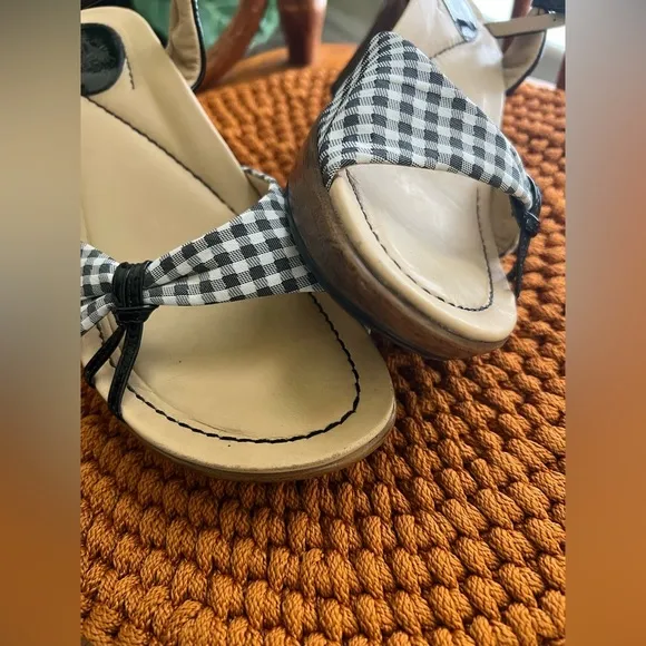 DANSKO Open Toe Slingback Black White Gingham Check Patent Strappy Wedge